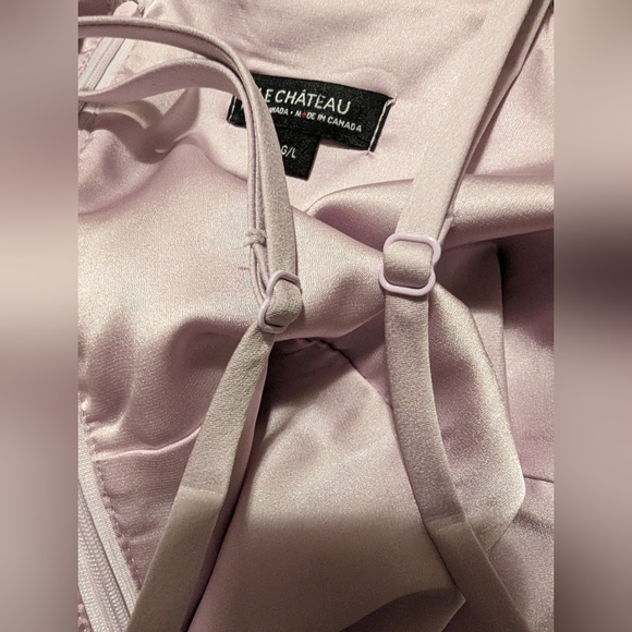 NWOT LE CHATEAU 'Satin Cold Shoulder' Lavender Midi Dress Size L With POCKETS - Picture 8 of 9